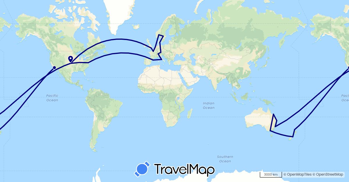 TravelMap itinerary: driving in Australia, Switzerland, Germany, Denmark, Spain, France, United Kingdom, Ireland, Italy, Netherlands, Norway, New Zealand, Sweden, United States (Europe, North America, Oceania)